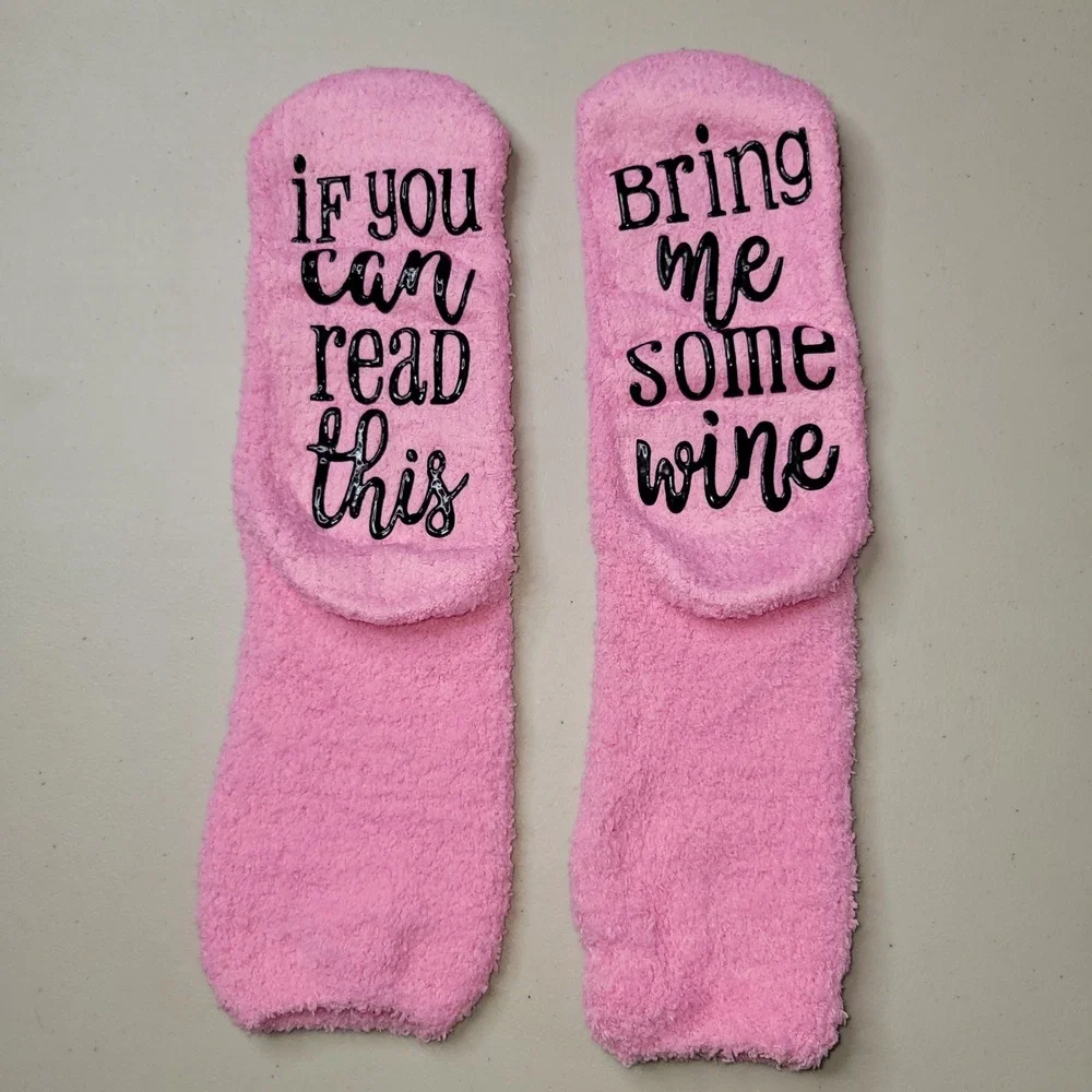Bring Me Wine ~ Novelty‎ Non-Slip Pink Fuzzy Socks